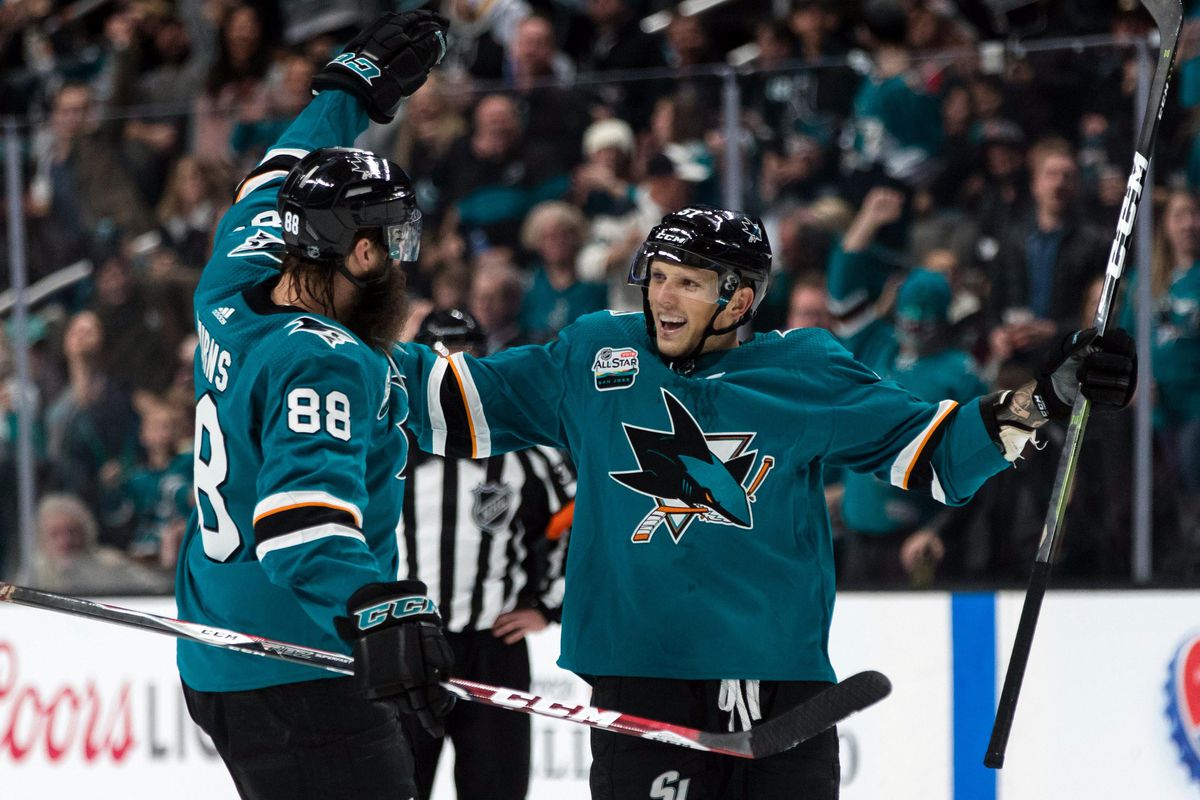 NHL: New Jersey Devils at San Jose Sharks&nbsp;Dec 10, 2018; San Jose, CA, USA; San Jose Sharks defenseman Radim Simek (51) celebrates with defenseman Brent Burns (88) after scoring his first NHL goal in the game against the New Jersey Devils in the secon