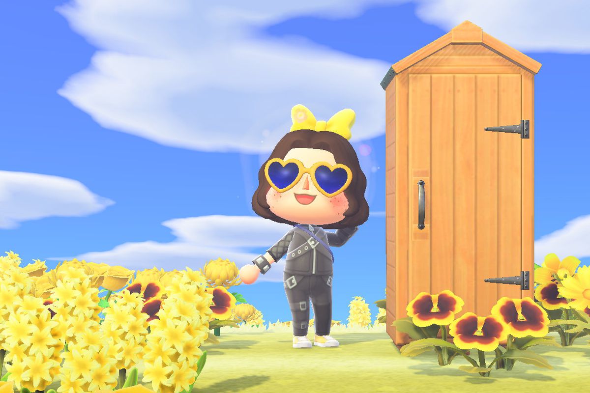 storage shed in animal crossing new horizons, sitting in a field of yellow flowers