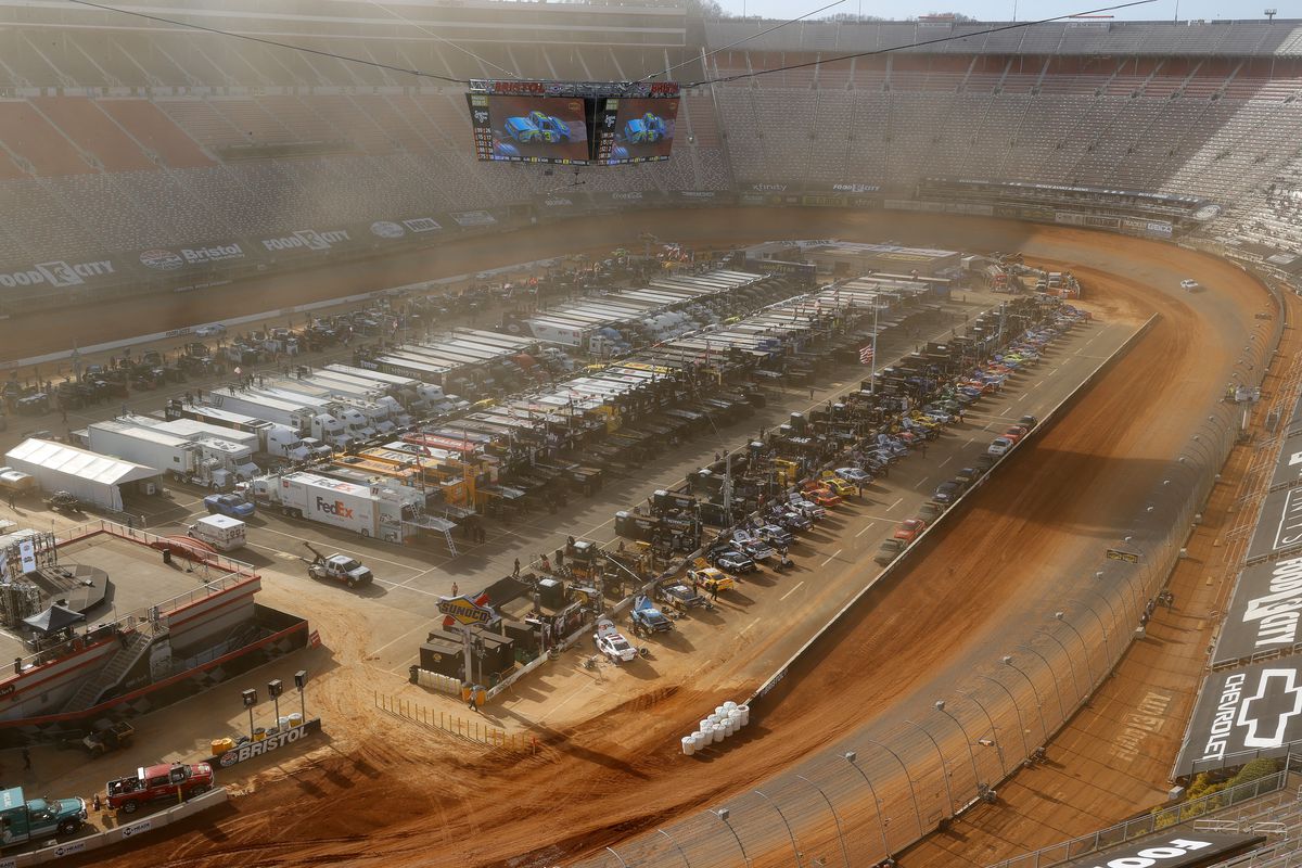 A general view of the track during practice for the NASCAR Cup Series Food City Dirt Race at Bristol Motor Speedway on March 26, 2021 in Bristol, Tennessee.