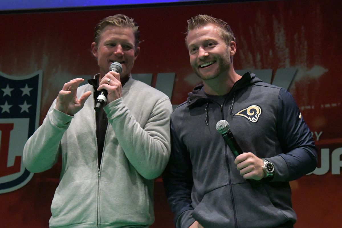 Los Angeles Rams General Manager Les Snead (left) and Head Coach Sean McVay on stage during NFL UK Live, Oct. 21, 2017.