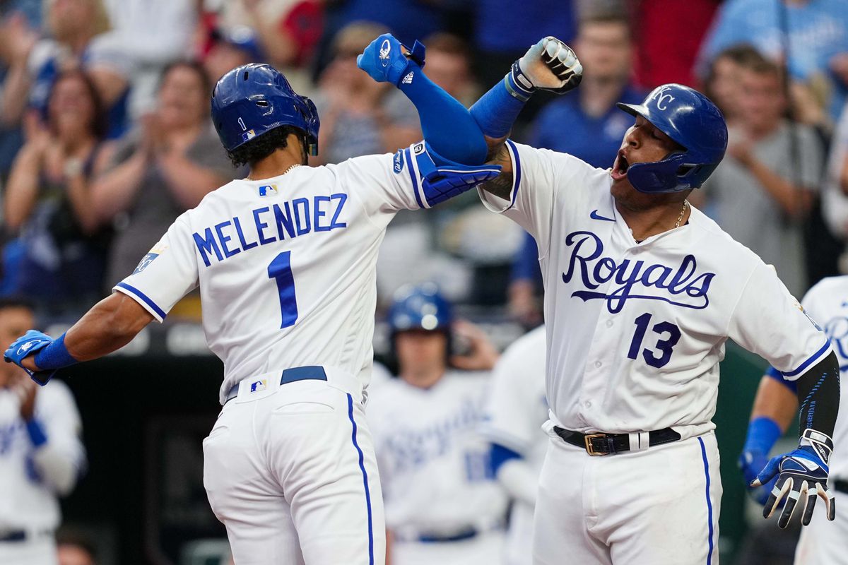 Kansas City Royals designated hitter MJ Melendez (1) celebrates with catcher Salvador Perez (13) after hitting a home against the Baltimore Orioles during the third inning at Kauffman Stadium.