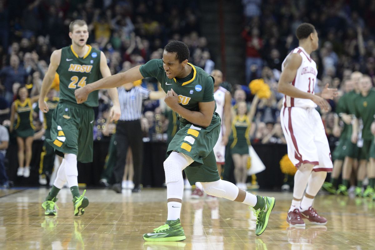 NDSU's Lawrence Alexander celebrates after hitting a three that would send the game into overtime.