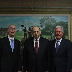 President Thomas S. Monson and his counselors, President Henry B. Eyring, left, and President Dieter F. Uchtdorf, right, pose for photo before sacrament meeting at the 2013 Seminar for New Mission Presidents in the Missionary Training Center in Provo Sunday morning.