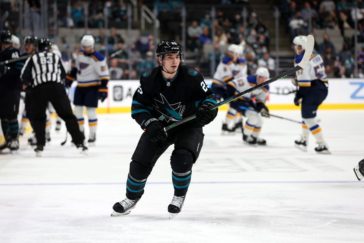 Artemi Kniazev #25 of the San Jose Sharks in action during their game against the St. Louis Blues at SAP Center on November 04, 2021 in San Jose, California. This was Kniazev’s debut NHL game.