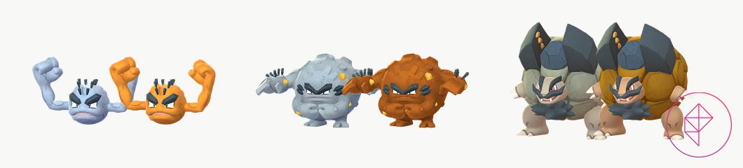 Alolan Geodude, Graveler, and Golem with their Shiny forms. Each Shiny turns orange from brown or grey.