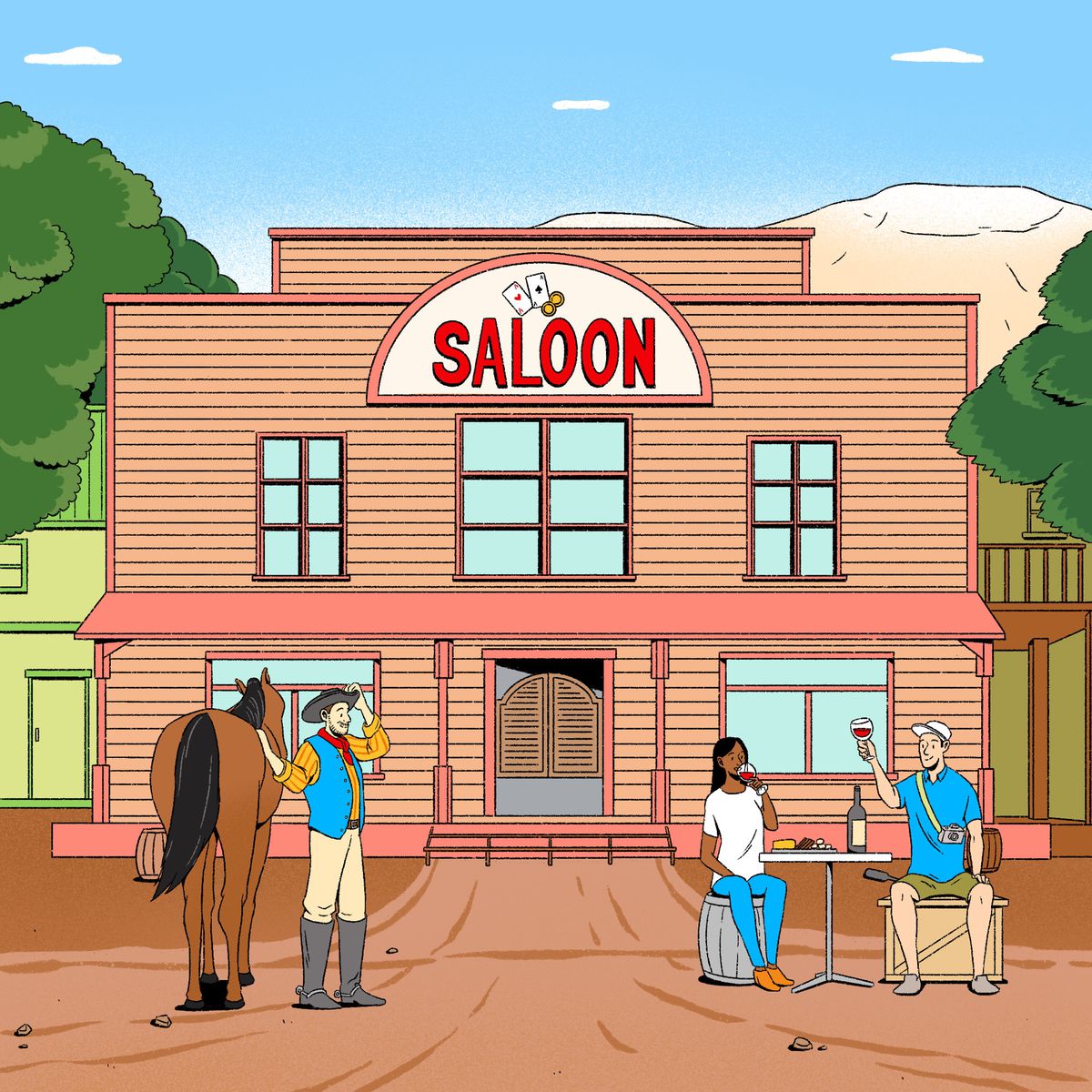 An illustration of a saloon with a Western facade and people enjoying drinks outside, one standing by a horse.