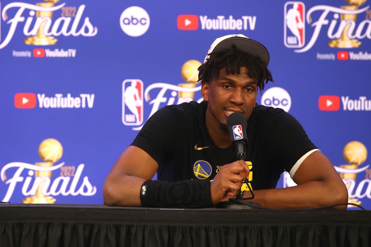 Kevon Looney talking to the media after the Warriors won the 2022 NBA Finals