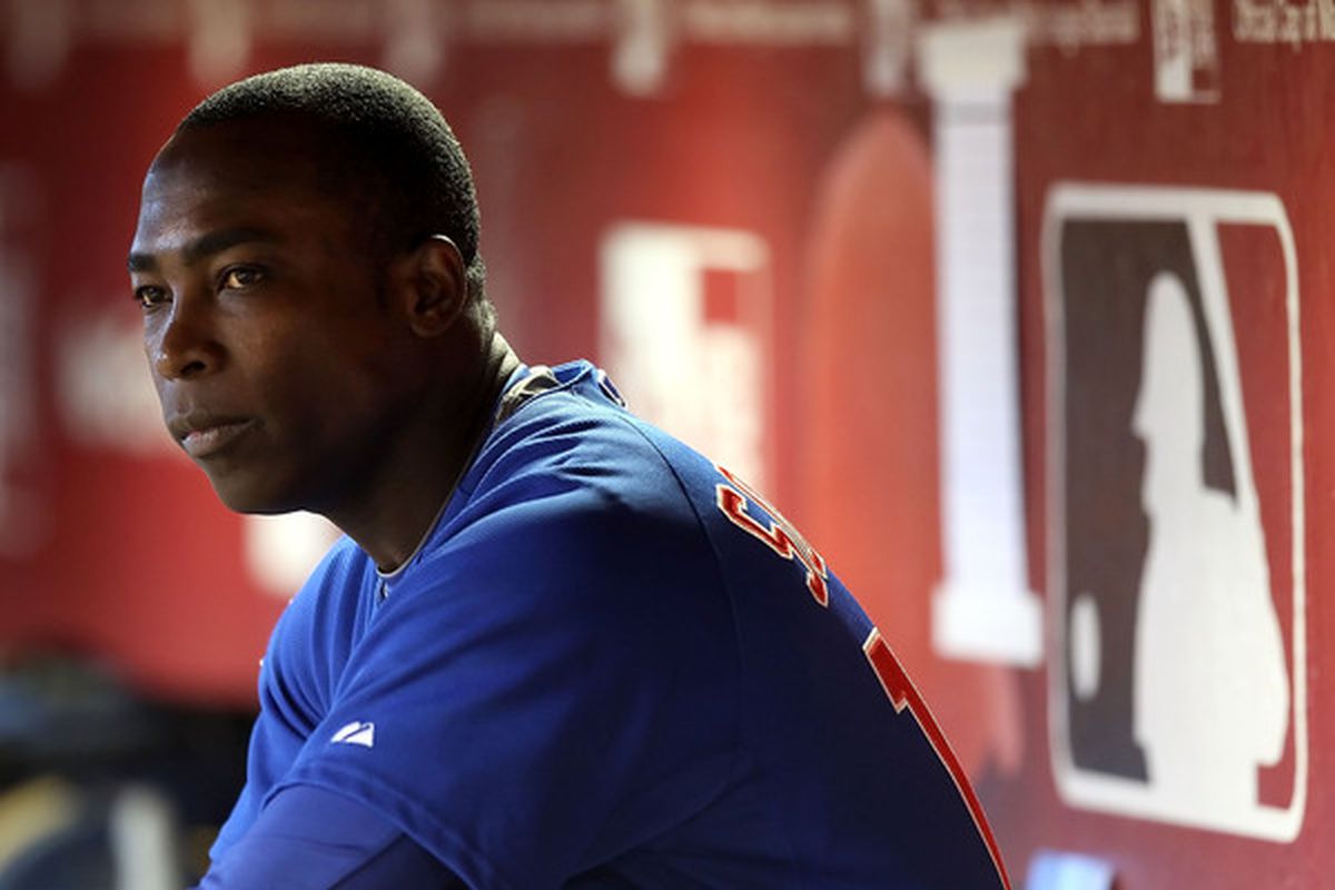 PHOENIX - JULY 05:  Alfonso Soriano #12 of the Chicago Cubs sits in the dugout during the Major League Baseball game against the Arizona Diamondbacks at Chase Field on July 5 2010 in Phoenix Arizona.  (Photo by Christian Petersen/Getty Images)