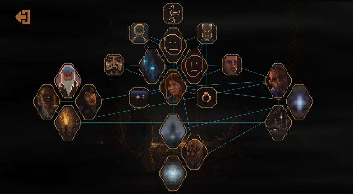 Norco - a screenshot of the game’s mind map feature, showing many connected nodes of characters, events, and thoughts in protagonist Kay’s mind.