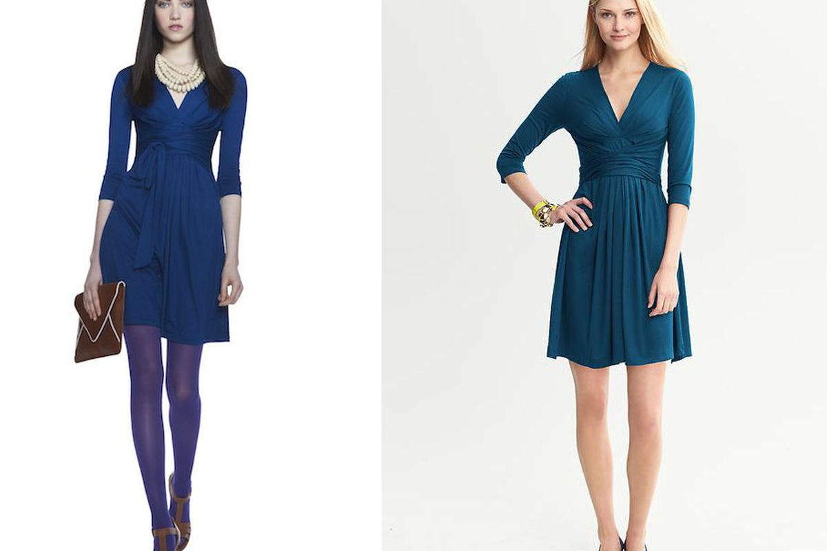 (L) Lookbook image for Issa x BR, and (R) the <a href="http://bananarepublic.gap.com/browse/product.do?cid=87919&amp;vid=1&amp;pid=560675002">dress online</a>
