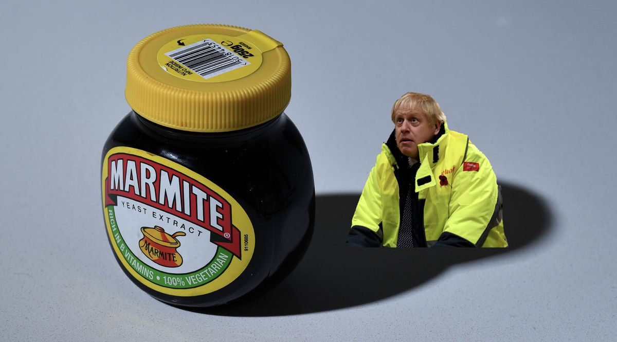 Boris Johnson stares at a jar of Marmite