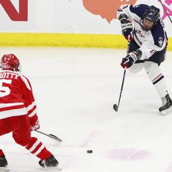 The Boston University Terriers take on the UConn Huskies in a men’s college hockey game at the XL Center in Hartford, CT on February 15, 2019.