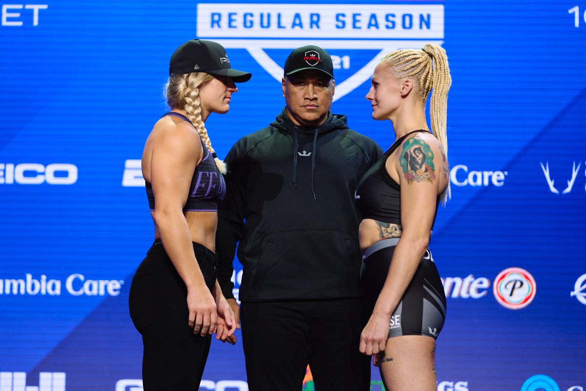 Kayla Harrison and Cindy Dandois make weight for their women’s lightweight PFL 6 main event matchup.