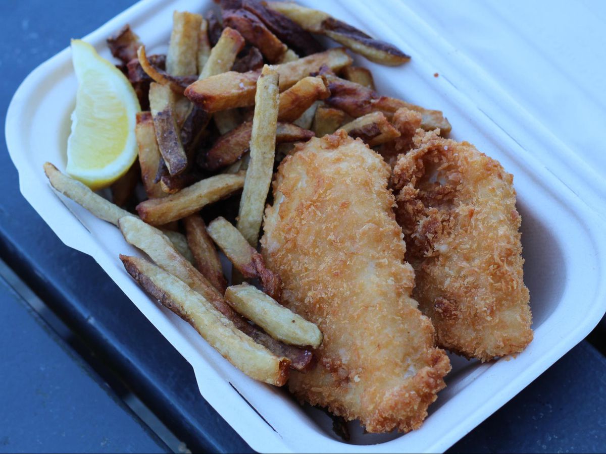 Two pieces of panko-crusted fish with fries.