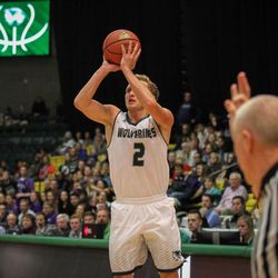 Jaden Jackson (center) knocks down one of his four threes in a win over Weber State on Wednesday night at the UCCU Center.