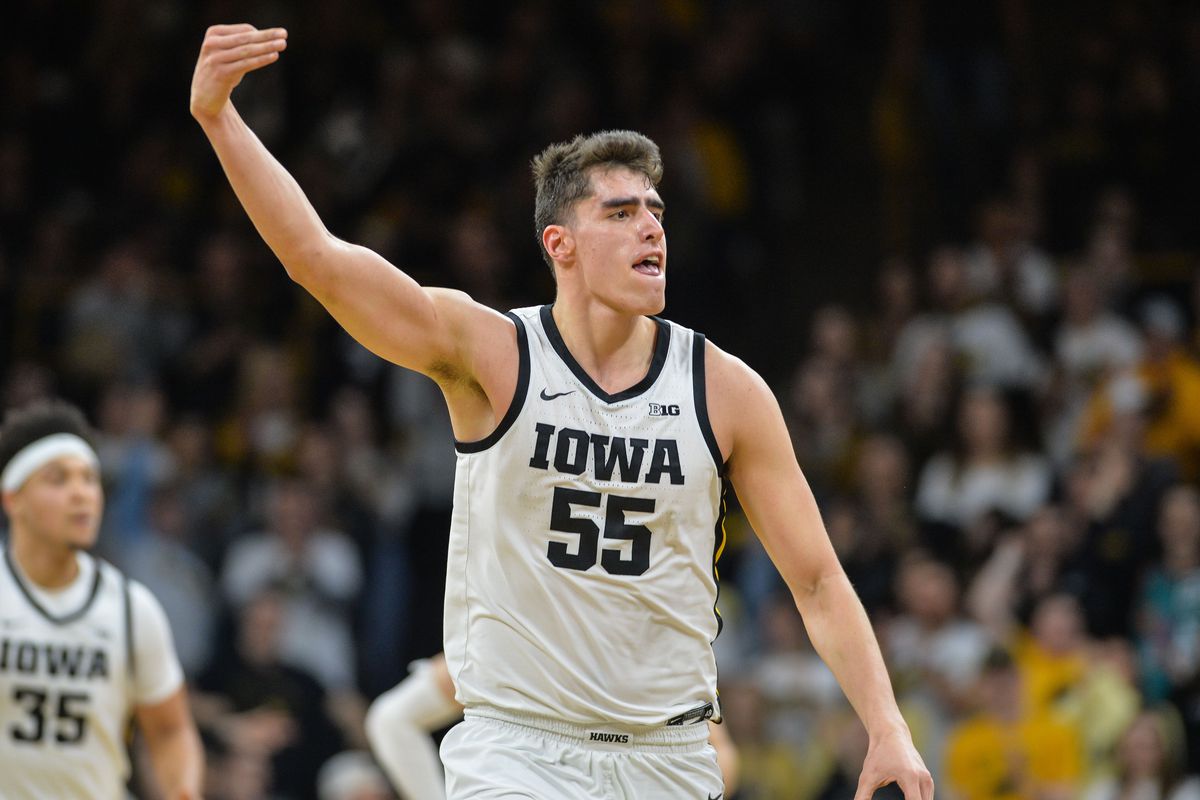 Iowa Hawkeyes center Luka Garza reacts during the first half against the Ohio State Buckeyes at Carver-Hawkeye Arena.