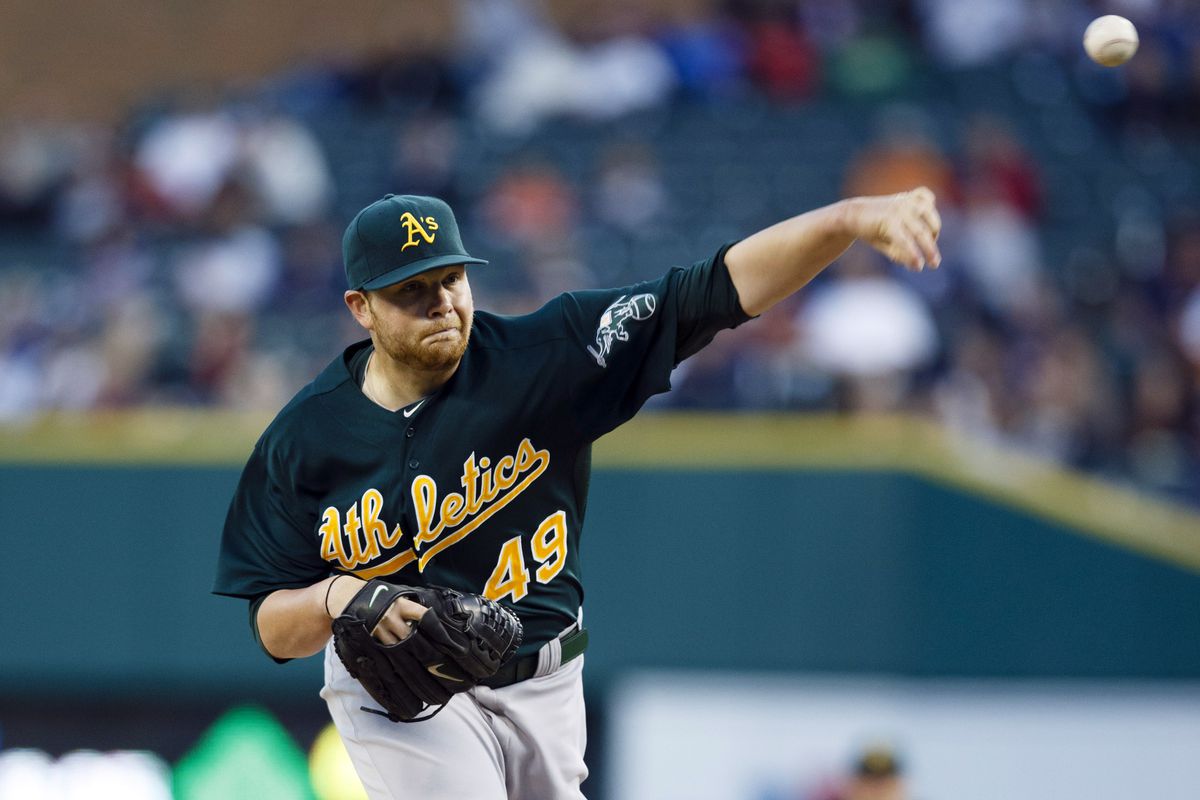 September 19, 2012; Detroit, MI, USA; Oakland Athletics starting pitcher Brett Anderson (49) pitches during the first inning against the Detroit Tigers at Comerica Park. Mandatory Credit: Rick Osentoski-US PRESSWIRE
