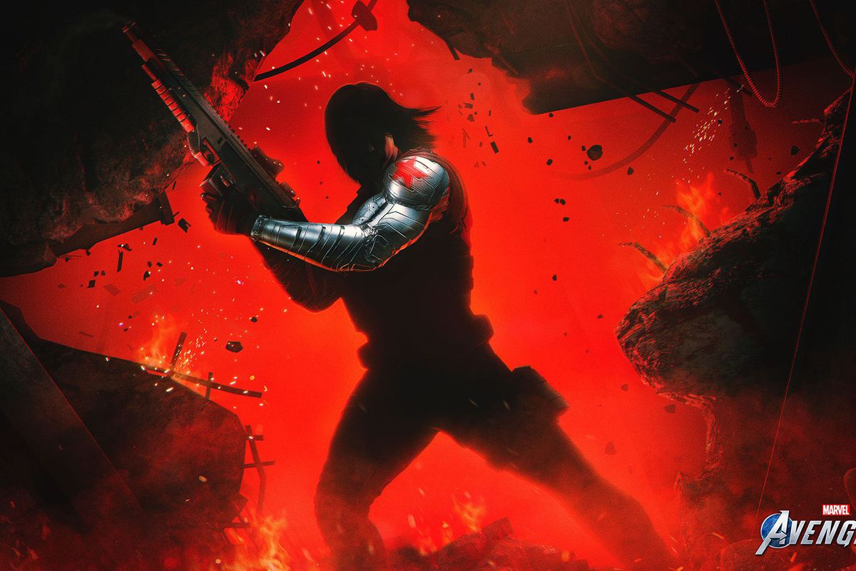 A dramatic promotional image of Bucky Barnes and the Winter Soldier in Marvel’s Avengers video game. You can see is black silhouette against a red background. He’s holding a gun up to the air. 