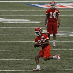 Kansas City Chiefs wide receiver Rico Richardson catches a pass during the rookie minicamp at the University of Kansas Hospital Training Complex.