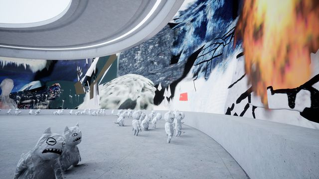 Creatures look at art on a wall in a virtual museum
