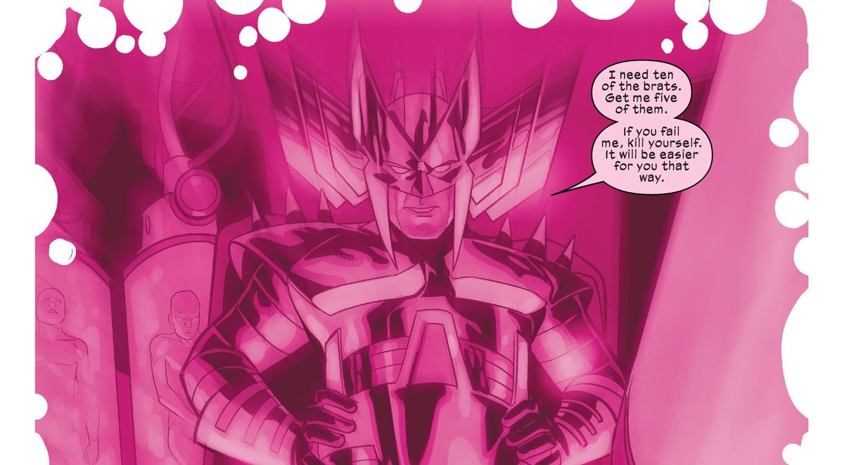 A blurry pink vision of Stryfe, saying “I need 10 of the brats. Get me five of them. If you fail me, kill yourself. It will be easier for you that way, in Cable #7, Marvel Comics (2021). 