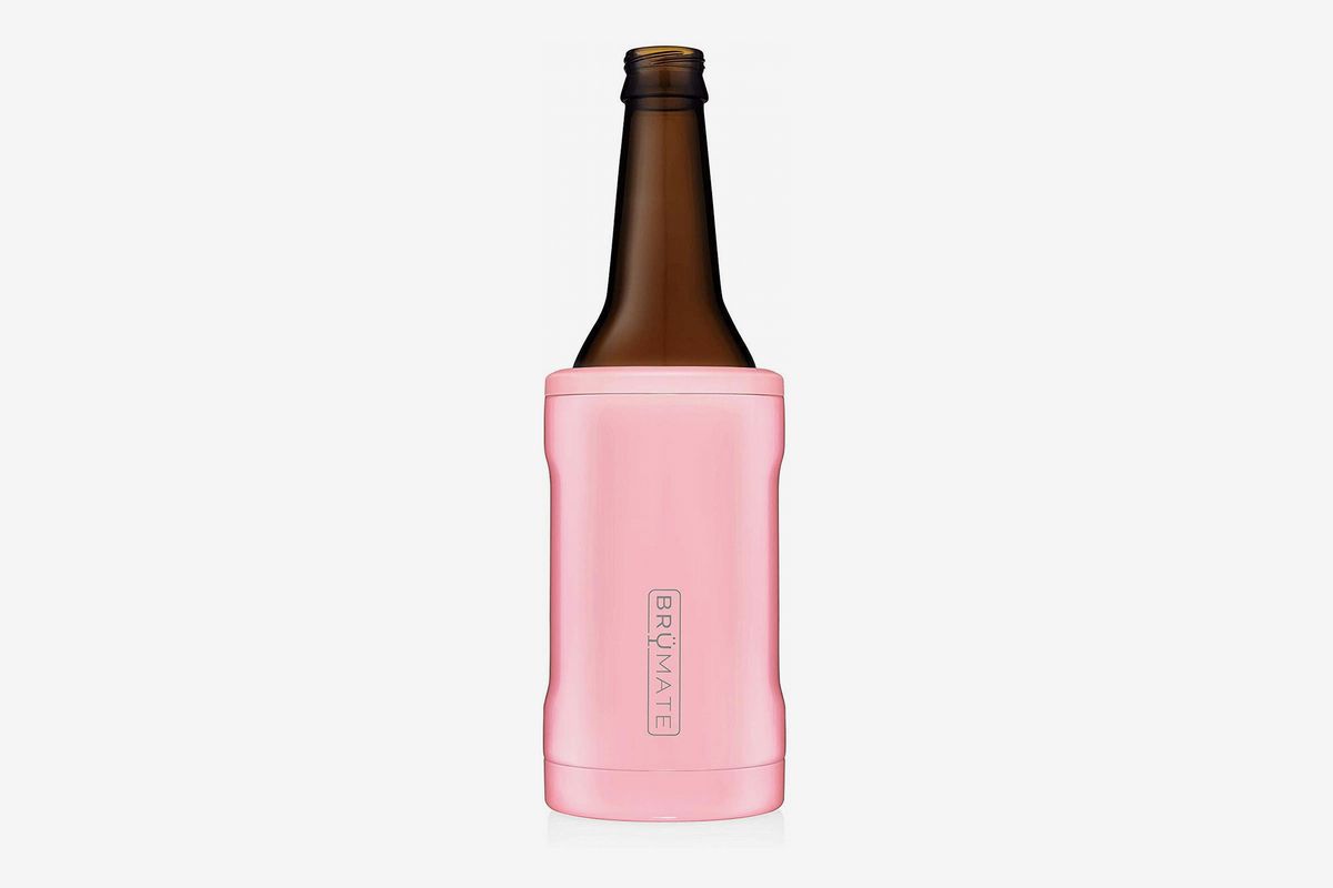 A beer bottle with a pink stainless-steel coozie