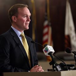 Salt Lake County Mayor Ben McAdams discusses the South Salt Lake location he recommended for a third homeless resource center during a press conference in the Salt Lake County Government Center's Council Chambers in Salt Lake City on Friday, March 31, 2017.