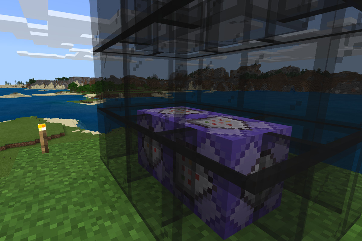 Some purple Command Blocks behind black glass panes