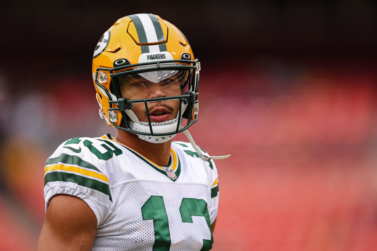 Allen Lazard #13 of the Green Bay Packers warms up before the game against the Washington Commanders at FedExField on October 23, 2022 in Landover, Maryland.
