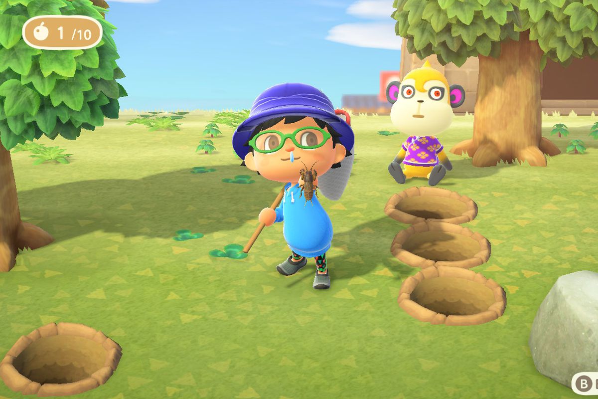 A villager holds up a mole cricket in Animal Crossing: New Horizons