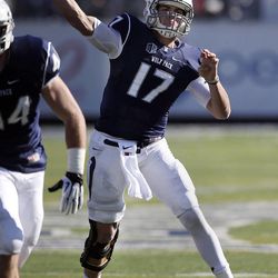 Nevada's Cody Fajardo (17) throws a pass against BYU during the first half of an NCAA college football game in Reno, Nev., on Saturday, Nov. 30, 2013.