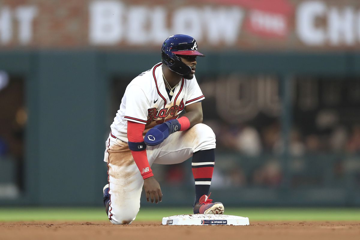 Atlanta Braves center fielder Michael Harris II (23) steals 2nd base during the Braves 2023 home opener MLB game between the Atlanta Braves and the San Diego Padres on April 6, 2023 at Truist Park in Atlanta, Georgia.