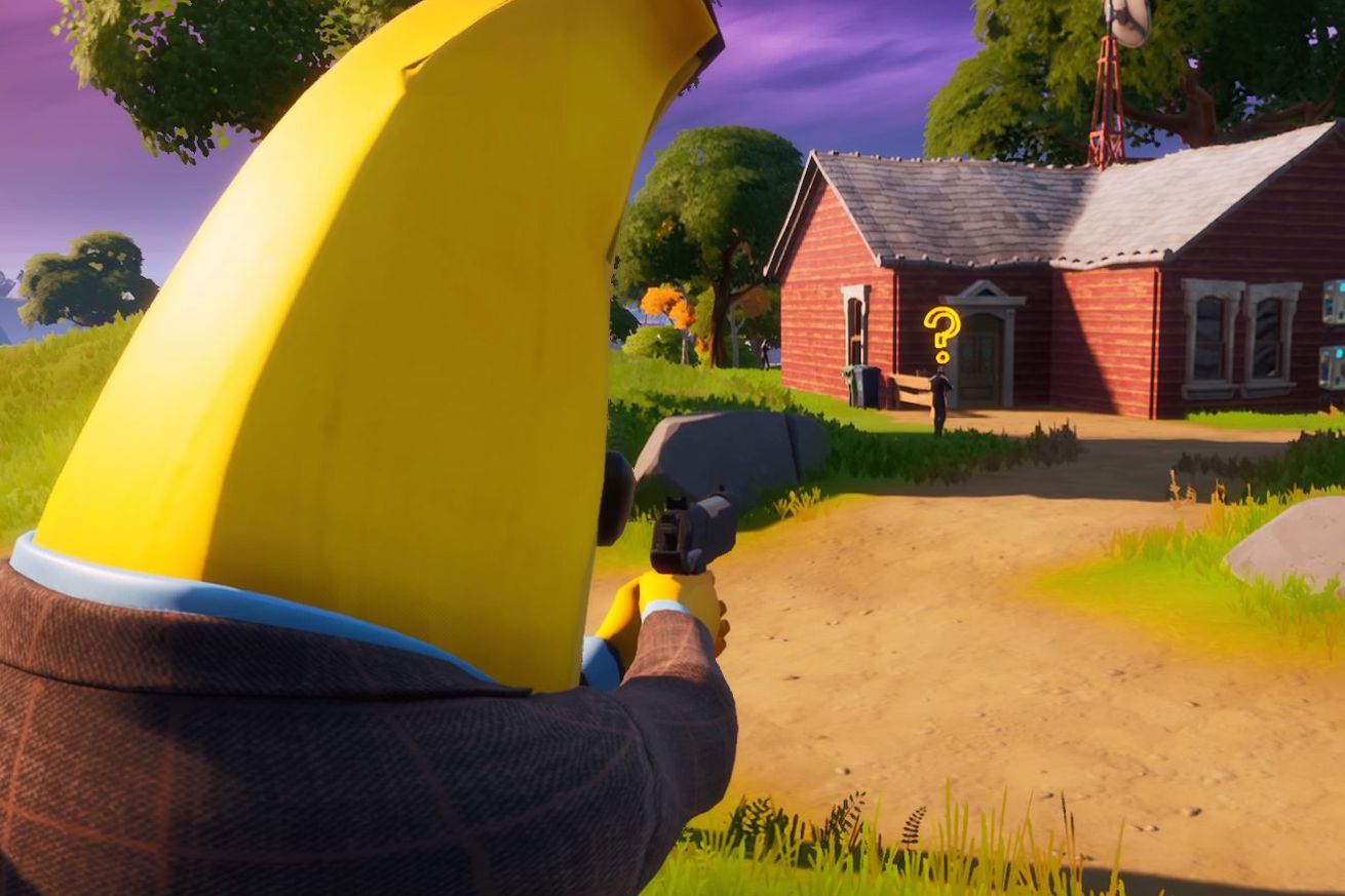 Fortnite banana man aims at questioning foe standing in front of a brick house.