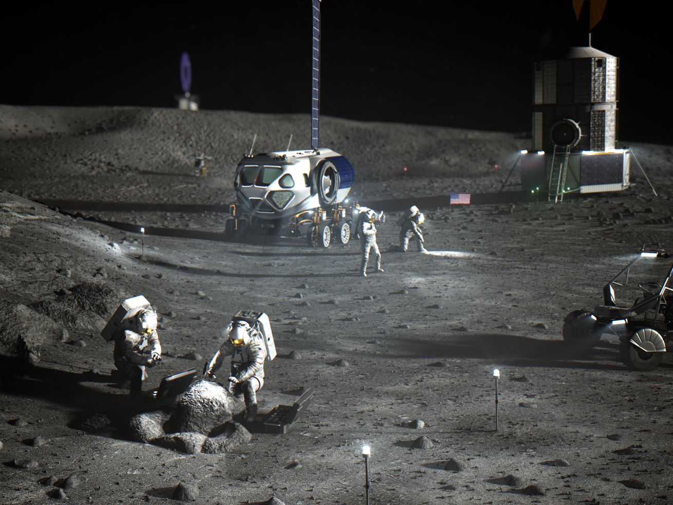 A mock-up of what a moon base camp might look like on the moon, including astronauts in spacesuits and a wheeled rover.