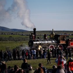 A replica of the historic steam engine No. 119 drives toward the spot of the famous meeting between its namesake and the steam engine Jupiter during the Spike 150 celebration at Golden Spike National Historic Park at Promontory Summit on Friday, May 10, 2019.