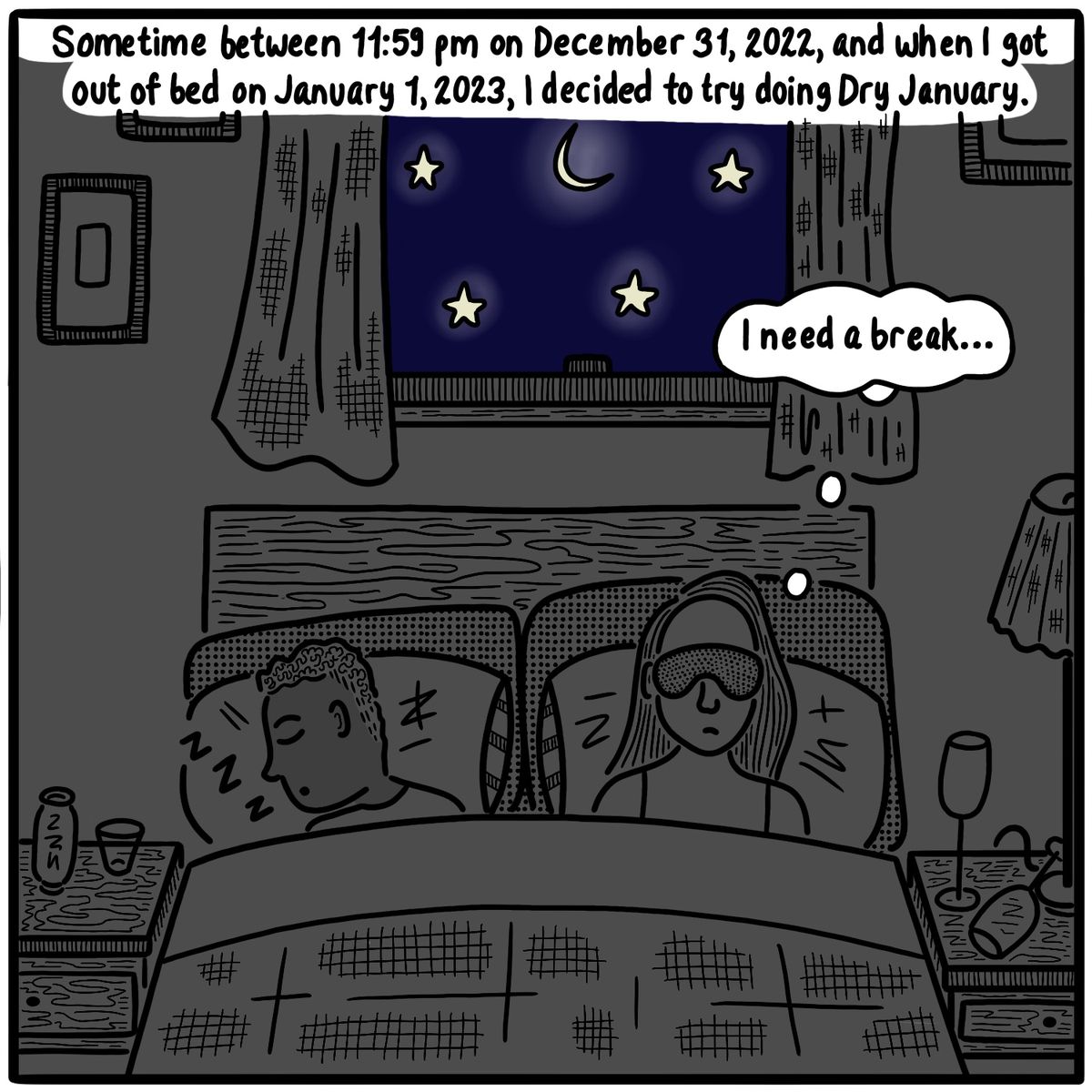 Two people in bed, a man and a woman. Caption reads “Sometime between 11:53 PM on December 31, 2022, and when I got out of bed on January 1, 2023, I decided to try doing Dry January.” Thought bubble above the woman’s head reads “I need a break…”