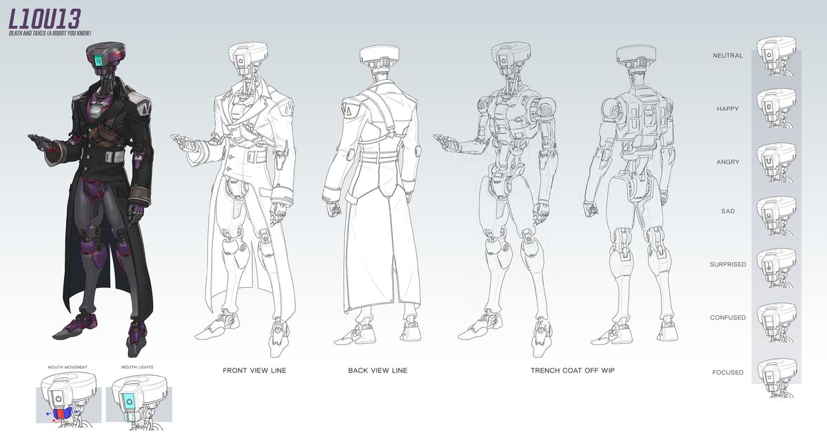 Bosquejo conceptual que muestra cinco representaciones de un personaje de robot, además de detalles más pequeños que muestran cómo el robot muestra emociones y 