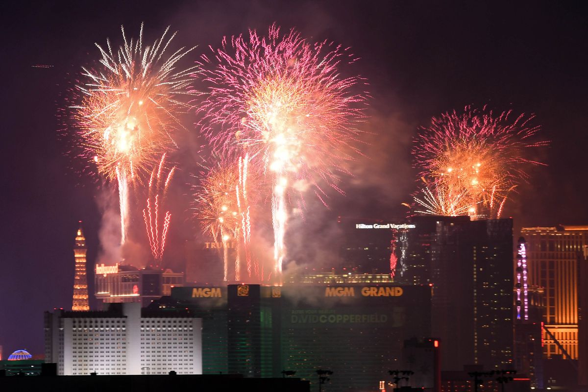 New Year Fireworks Light Up Over The Las Vegas Strip