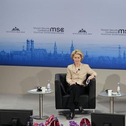 Munich Security Conference Chairman Wolfgang Ischinger, left, welcomes German Defense Minister Ursula von der Leyen, center,  and NATO Secretary General Jens Stoltenberg during his opening speech at the 51. Security Conference in Munich, Germany, Friday, Feb. 6, 2015. The conference on security policy takes place from Feb. 6, 2015  to Feb. 8, 2015. 