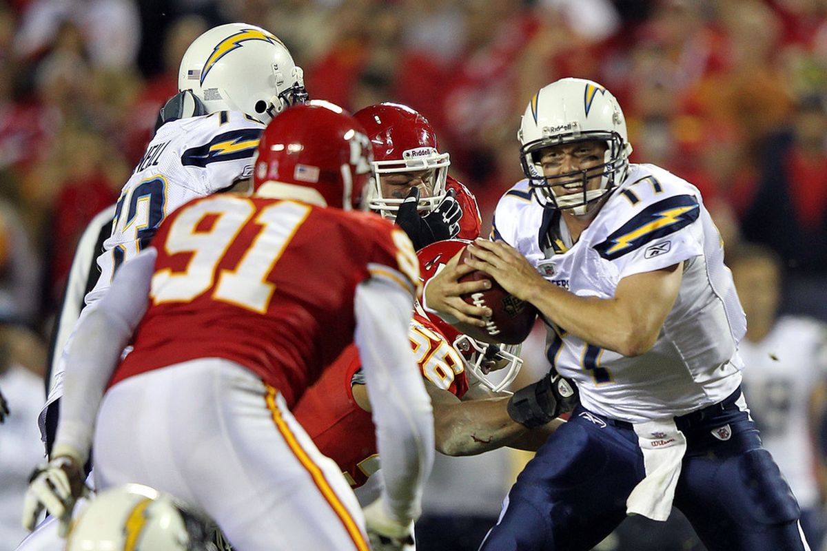 KANSAS CITY, MO - OCTOBER 31:  Quarterback Philip Rivers #17 of the San Diego Chargers is sacked during the game against the Kansas City Chiefs on October 31, 2011 at Arrowhead Stadium in Kansas City, Missouri.  (Photo by Jamie Squire/Getty Images)