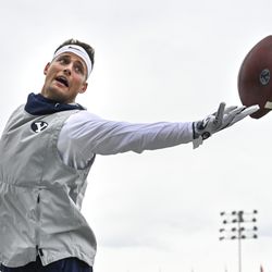 Brigham Young Cougars defensive back Austin Lee (2) warms up before the start of an NCAA football game at The Glass Bowl in Toledo, Ohio on Saturday, Sept. 28, 2019.