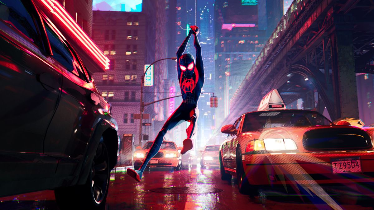Miles Morales swings through Manhattan streets in Spider-Man: Into the Spider-Verse. 