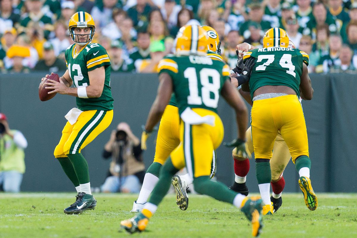 Sep 9, 2012; Green Bay, WI, USA;  Green Bay Packers quarterback Aaron Rodgers (12) during the game against the San Francisco 49ers at Lambeau Field.  The 49ers defeated the Packers 30-22.  Mandatory Credit: Jeff Hanisch-US PRESSWIRE