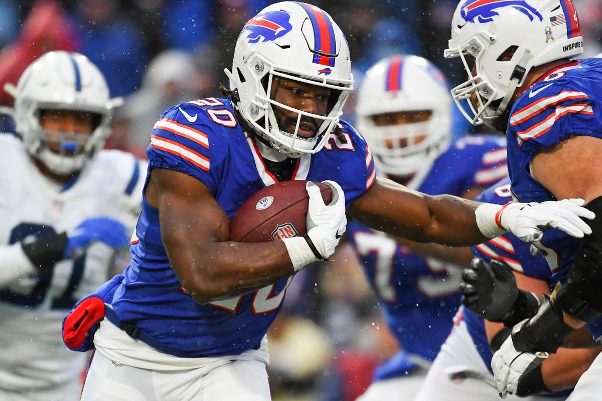 Buffalo Bills running back Zack Moss (20) runs with the ball against the Indianapolis Colts during the second half at Highmark Stadium.