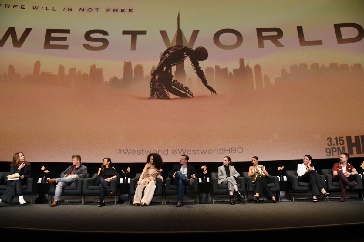 Kate Hahn, Luke Hemsworth, Denise Thé, Tessa Thompson, Jonathan Nolan, Evan Rachel Wood, Thandie Newton, Lisa Joy, and Aaron Paul speak onstage during the screening &amp; panel discussion of the HBO drama series “Westworld” at Wolf Theatre on March 06, 2020 in North Hollywood, California.