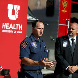 Annette Newman, of the University of Utah Health Burn Center, Salt Lake City Fire Capt. Adam Archuleta and Brad Wiggins, of the U. Burn Center, discuss the dangers of sparklers and fireworks at Fire Station No. 10 in Salt Lake City on Wednesday, July 3, 2019. According to National Fire Protection Association, hospital emergency rooms in the U.S. treated an estimated 12,900 people for fireworks related injuries in 2017. Of those injuries, 54% were to the extremities and 36% were to the head. Children younger than 15 years of age accounted for more than one-third (36%) of the injuries.