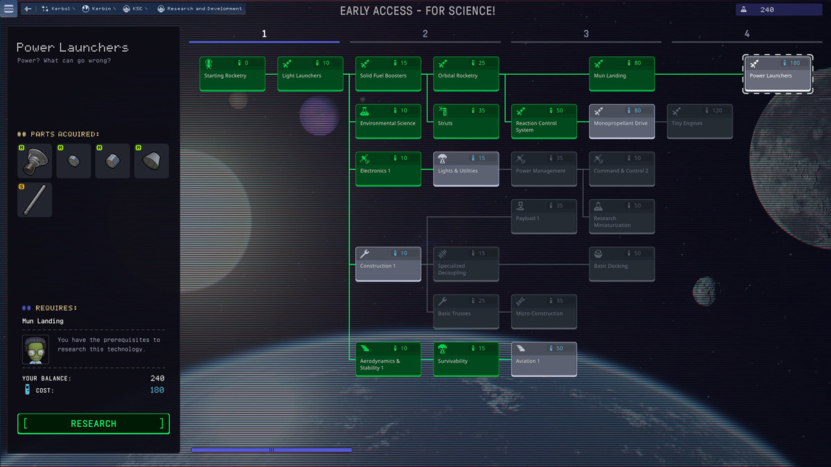 A screenshot of the tech tree in Kerbal Space Program 2