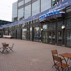 The plaza space that is accessible, for the open businesses