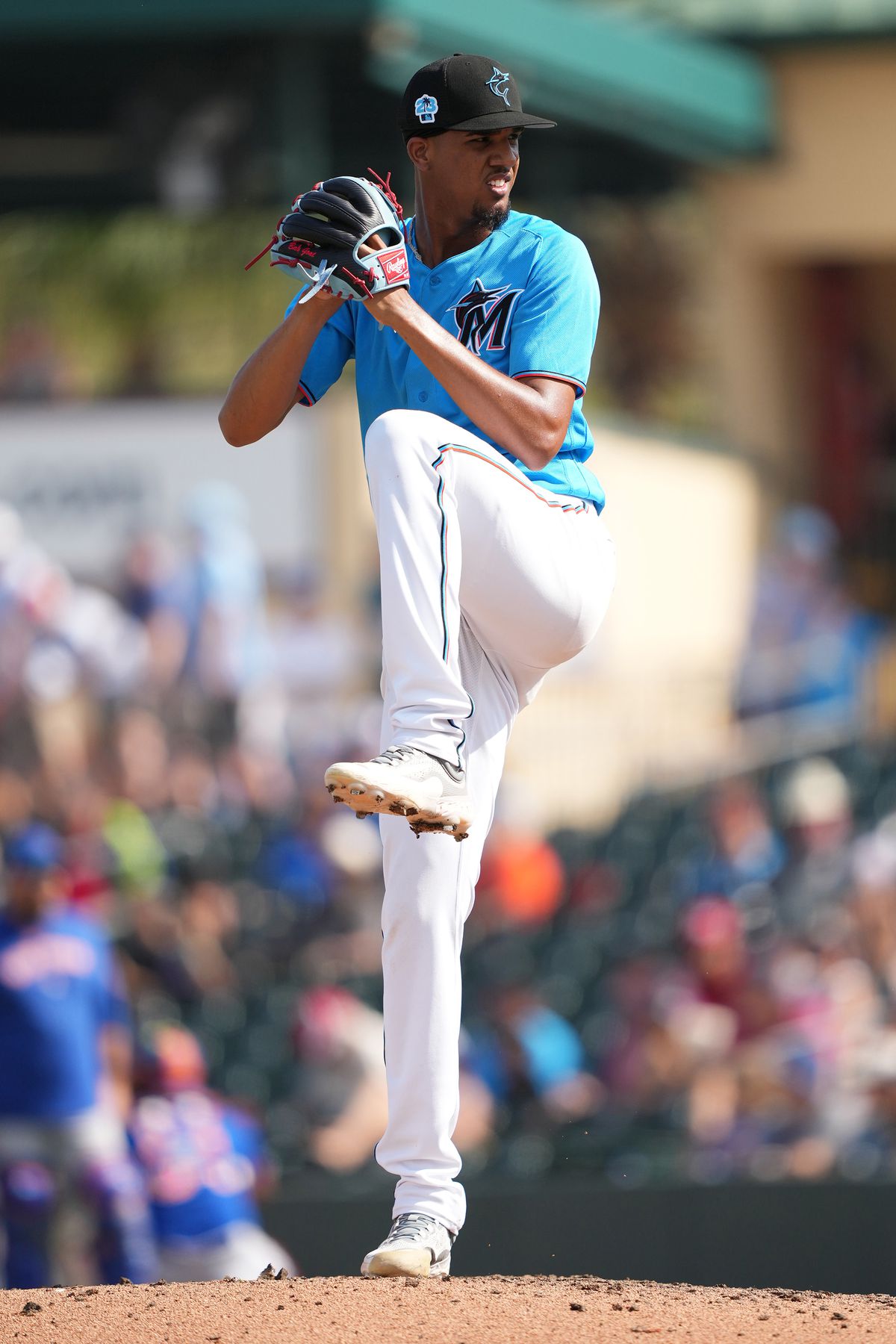 Eury Pérez #76 of the Miami Marlins prepares to deliver a pitch in the game against the New York Mets at Roger Dean Stadium on March 4, 2023 in Jupiter, Florida.