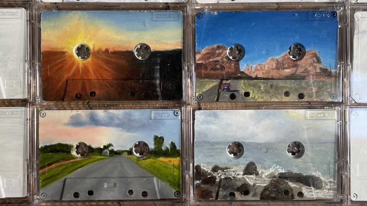 Four cassette tapes painted with images from Utah, California, Ohio, and Michigan (clockwise)